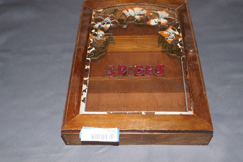 lot 1129 image: Wood and Glass Spice Rack- Cabinet