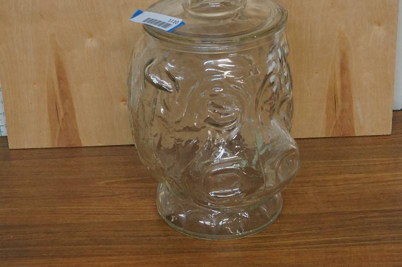 lot 1110 image: Large Glass Cookie Jar- Gorilla or Monkey Face