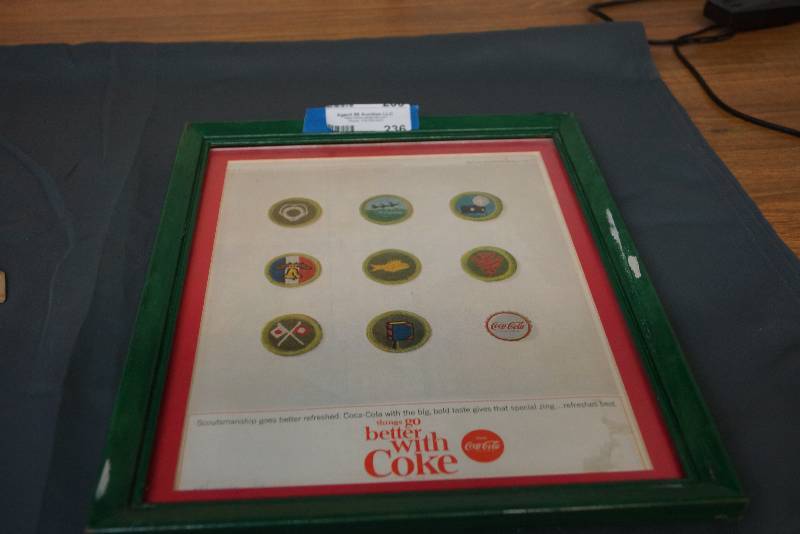lot 236 image: Framed Picture- Coca Cola With Images of Vintage Boy Scout Badges