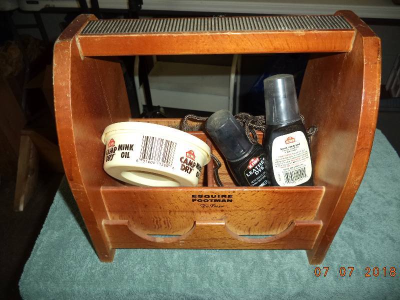 lot 1803 image: Wooden Shoe Shine Box and Misc