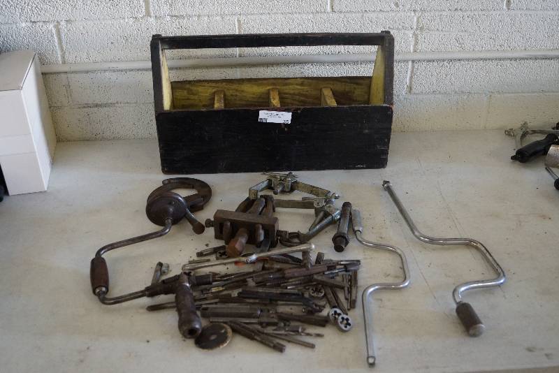 lot 35 image: Wood Carpenter Style Tool Box FULL of Tools