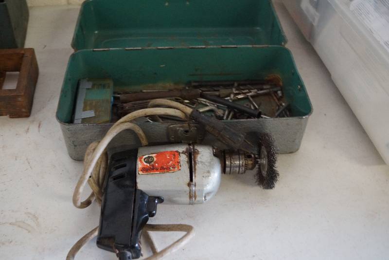 lot 28 image: Corded Drill Motor- Tool Box- Bits and Other
