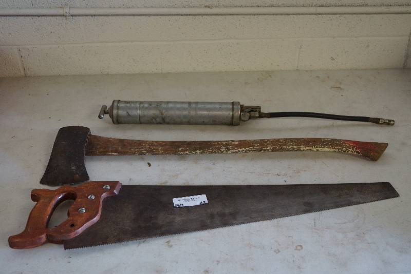 lot 42 image: Handsaw-Grease Gun- Axe