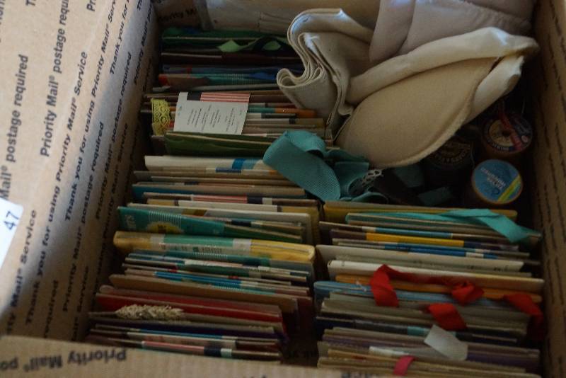 lot 47 image: Box of Vintage Sewing Supplies- Treasure Trove of Goodies