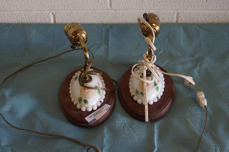 lot 57 image: Vintage Wall Lamps- Wood and Appears To Be Milkglass