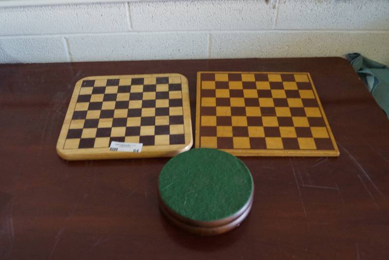 lot 64 image: 2 Wood Chess or Checker Boards AND Gameboard Spinner