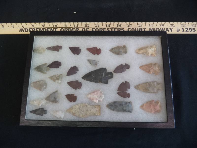 lot 1912 image: 28 Framed Arrowheads- Indian Native American Appear Authentic