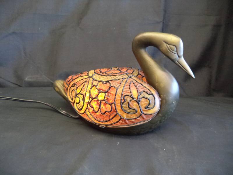 lot 2054 image: Brass and Stained Glass Swan- Lights Up-  Cool Decor