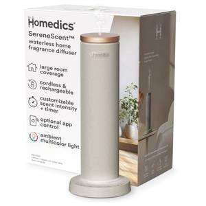 lot 14294 image: Homedics SereneScent Fabric Rechargeable Waterless Diffuser, Use with Homedics SereneScent Oil 120ml (Sold Separately) Cordless Aromatherapy, Adjustable Mist & Timer, 6 Calming Lights, Grey - Retail $148.83