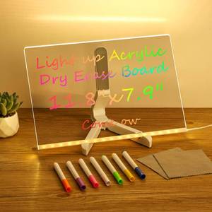 lot 14305 image: LED Note Board with Colors, Led Drawing Board for Kids, 12X8 7 Colors Light Up Acrylic Dry Erase Board Illuminated Note Message Board with Adjustable Stand and 7 Markers for Office School Home