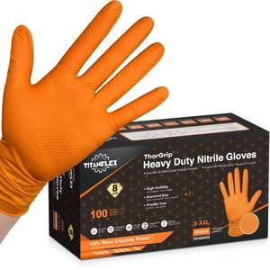lot 14337 image: MISSING SOME TitanFlex ThorGrip Heavy Duty Industrial Orange Nitrile Gloves, 8-mil, Gloves Disposable Latex Free with Raised Diamond Texture Grip, Powder Free, Rubber Gloves, Mechanic Gloves,100-ct Box (Large)