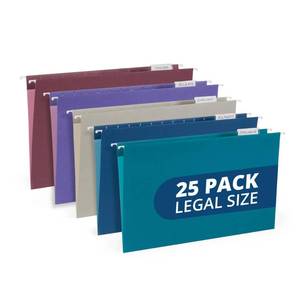 lot 14350 image: 25 Blue Summit Supplies Colored Hanging File Folders Legal Size, Assorted Jewel Tone Colors, Legal Size Hanging File Folders for Filing Cabinet with Plastic Tabs and Inserts, Durable 11pt Paper