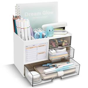 lot 14353 image: QIYVLOS Desk Organizer with 3 Drawer, Multi-Functional Pencil Pen Holder for Desk, Desk Organizers and Storage with 8 Compartments, Desktop Organizer for Office Home Art Supplies (White)