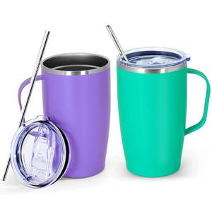 lot 14384 image: Icesip 2Pack Stainless Steel Insulated Bottle, 16oz Tumblers with Handle, Double Wall Vacuum Travel Coffee Mug with Handle for Working Travel Driving, Purple&Green