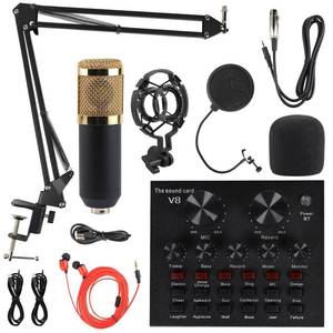 lot 14392 image: MorTime Condenser Microphone Bundle, Live Sound Card, Adjustable Boom Arm, Shock Mount, Metal Mic Pop Filter, Sponge Pop Filter Cover, Earphone, Audio Cables and Power Cable, Set of 11 Mic Kit