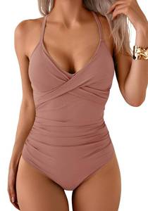 lot 14397 image: Medium B2prity Womens One Piece Swimsuits Tummy Control Front Cross Bathing Suits Tie Back Slimming V Neck Swimwear Cameo Brown