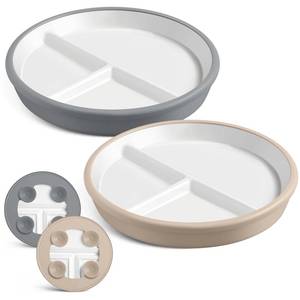 lot 14413 image: Domensi 2 Pcs 8 Large Porcelain Kids Plates with Anti-slip Silicone Sleeve Ceramic Divided Plate with Suction for Toddler Eating Microwave Dishwasher Friendly (Gray,Beige)
