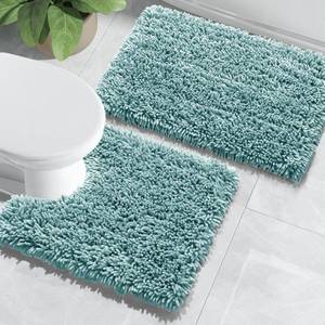 lot 14450 image: Yimobra Bathroom Rugs Sets 2 Piece, Luxury Shaggy Extra Thick Bathroom Rugs, Plush Non-Slip Mats for Bath Room Floor, U-Shaped Toilet Mat, Ultra Absorbent, 24 x 17  24.4 x 20.4 Inches, Grayish Blue