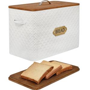 lot 14452 image: EMAX HOME Extra Large Space Saving Farmhouse Bread Box With Wood Lid - Holds 2 Loaves - Vertical Breadbox Bread Storage Bin Holder for Kitchen Countertop, White