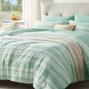 lot 14482 image: UNILIBRA Queen Comforter Set 7 Pieces Bed in a Bag Sage Green Striped, Queen Cationic Dyeing Bedding Sets for All Seasons with Comforter, Flat Sheet, Fitted Sheet, Pillow Shams, Pillowcases