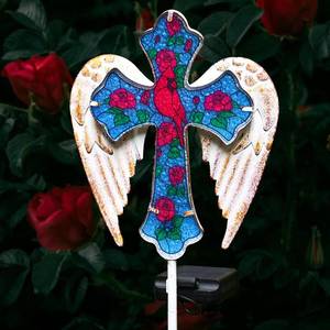 lot 14496 image: YJFWAL Cardinal Bird&Rose Cross Garden Stake Light, Solar Glass Cross for Cemetery Grave, Jesus Cross Angel Wings Sympathy Memorial Gifts, Halloween Christmas Garden Lawn Yard Patio Decor