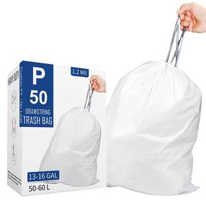 lot 14521 image: Code P (50 Count) 13-16 Gallon Heavy Duty Drawstring Plastic Trash Bags Compatible with simplehuman Code P  1.2 Mil  White 50-60 Liter