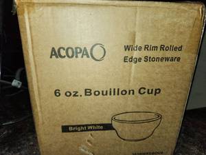 lot 9223 image: Acopa 6 oz White Bouillon Cup Case - Wide Rim Rolled Edge Stoneware