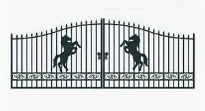 lot 133 image: 2025 Unused - 20ft Dual Swing Bi-Parting Wrought Iron Gate. With Artwork Horse in the Middle of the Gate Frame - Nice Gates