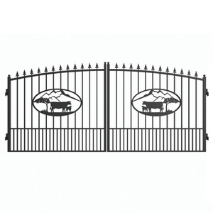 lot 137 image: 2025 Unused - 14ft Dual Swing Bi-Parting Wrought Iron Driveway Gate With Artwork Cattle in the Middle of the Gate