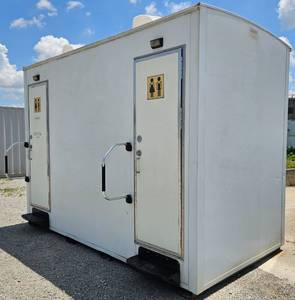lot 50 image: Black Tie Products - Portable Double Bathroom Custom Made w Fork Lift Pockets in Front & Rear for Trailer or Ground Use - AC & Heat, 200G Tank, Instant Hot Water, Vanities w Sinks, Auto Towel & Soap Dispenser, Maintenance Room on Back - Retail $37,890