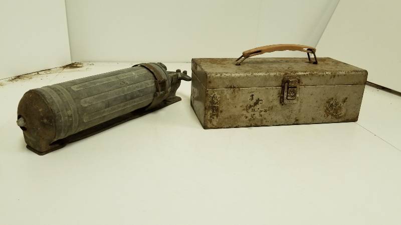 lot 1309 image: Old Extinguisher and metal tackle  tool box