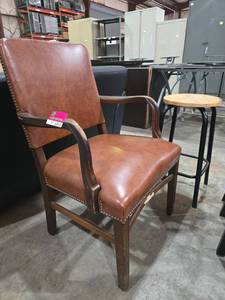 lot 6955 image: Brown Leather Armchair with Nailhead Trim and Wood Frame W Metal Stool