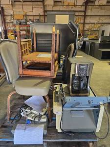 lot 47160 image: Office Equipment Lot - Coffee Maker, Vacuum, Chair, and Furniture