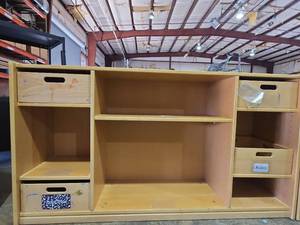 lot 47178 image: Wooden Storage Cabinet with Multiple Compartments and Drawers