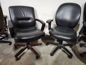 lot 47238 image: (2) Black Leather Office Chair with Mahogany Base