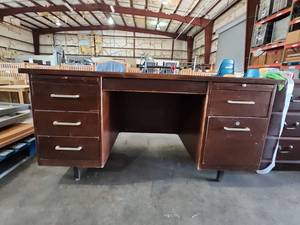 lot 47306 image: Mid-Century Double Pedestal Office Desk with Metal Handles