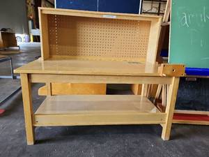 lot 47319 image: Childrens Wooden Workbench with Pegboard Backing and Storage Shelves