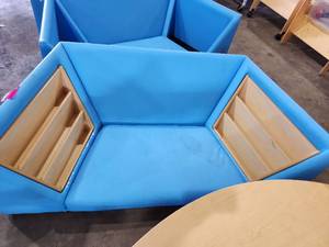 lot 47325 image: Blue Vinyl Reading Chair with Storage Compartments