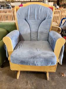 lot 47337 image: Wooden Glider Rocking Chair with Blue Microfiber Upholstery