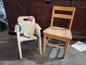 lot 47343 image: Wooden Childrens Chairs - High Chair and School Chair Set