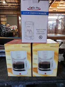 lot 47443 image: (3) Coffee Pro CP6B 4-Cup & Sunbeam 3261 12-Cup Coffeemakers, New in Box