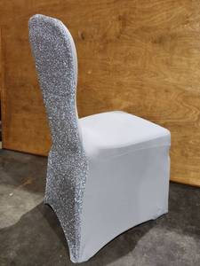 lot 47475 image: (6) Spandex Chair Cover with Silver Glitter Back Panel and 2 Table Spandex&nbsp- Event Decor