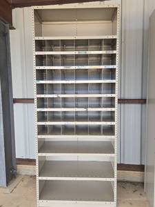 lot 47386 image: Industrial Metal Shelving Unit with Mail Sorting Compartments