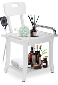 lot 50745 image: Magam Teak Shower Bench with Back Support, 18.7 inch Solid Wood Shower Stool Waterproof Shower Seat, Inside Shower Legs Shaving, Use for Bathing and Sauna,Suitable for The Elderly, Young Women etc