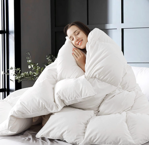 lot 50755 image: WhatsBedding Feather Down Fiber Comforter,Filled with Feather and Down Fiber, All Season White Luxury Bed Comforter,Ultra Soft 100% Cotton Duvet Insert,King Size 106x90
