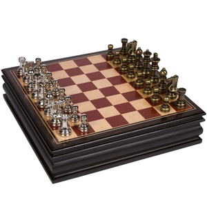 lot 50795 image: Bancroft Chess Inlaid Wood Board Game with Metal Pieces, 2.5 Inch King, and Extra Queens (Medium 12 x 12 Inch Set)