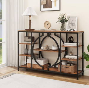 lot 50796 image: GiftGo 47 Industrial Console Tables for Entryway Rustic Sofa Table Behind Couch 4 Tier Wooden Shelves Entry Table with Storage for Foyer, Hallway, Front Door,Living Room (Rustic Brown, 47)