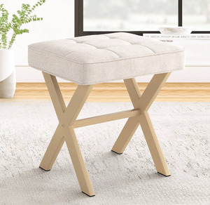 lot 50801 image: LUE BONA Square Linen Makeup Stool, Metal X Legs, Small Ottoman Stool Chair for Vanity, Modern Padded Seat Foot Rest for Makeup Room, Bathroom