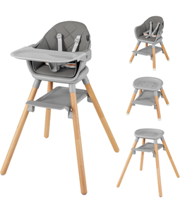 lot 50806 image: BABY JOY Baby High Chair, 6 in 1 Convertible Wooden Highchair for Babies & Toddlers with Adjustable Legs, Removable Double Tray, Safety Harness & Waterproof PU Cushion (Gray)