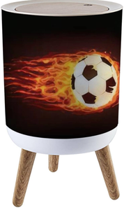 lot 50814 image: Small Trash Can with Lid Soccer Ball in Fire Isolated on Black Garbage Bin Wood Waste Bin Press Cover Round Wastebasket for Bathroom Bedroom Office Kitchen